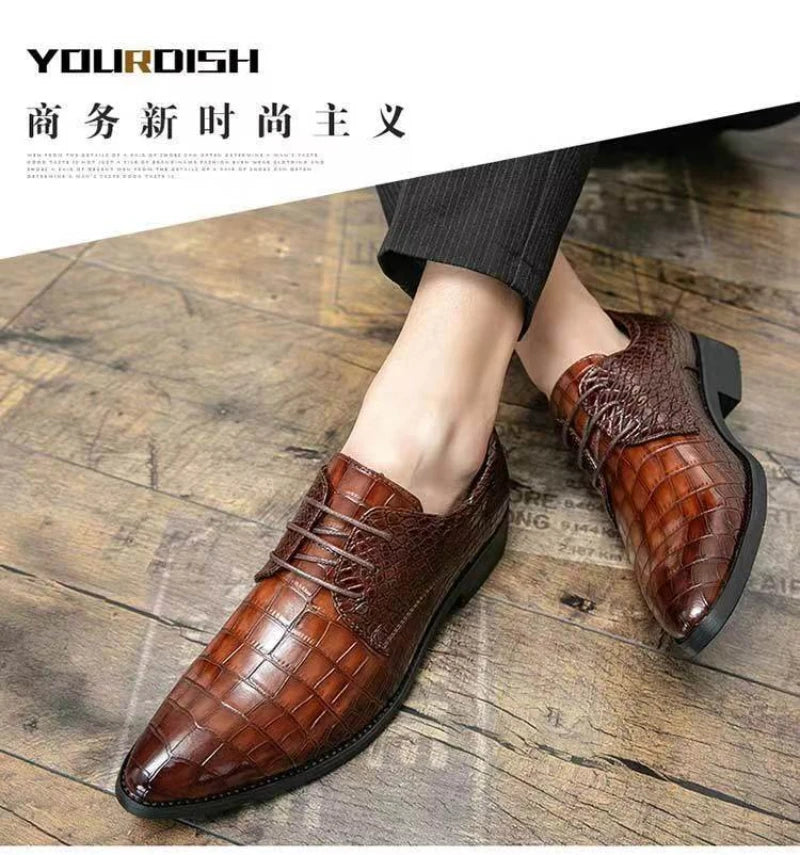 Mens Brown Crocodile Embossed Leather Dress Shoes Pointed Toe Lace Up Oxfords Formal Business Office Wedding Party Wear Comforta
