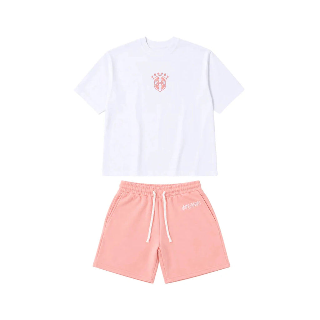 Summer new pink casual shorts straight through loose shorts printed round neck T-shirt set