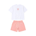 Summer new pink casual shorts straight through loose shorts printed round neck T-shirt set