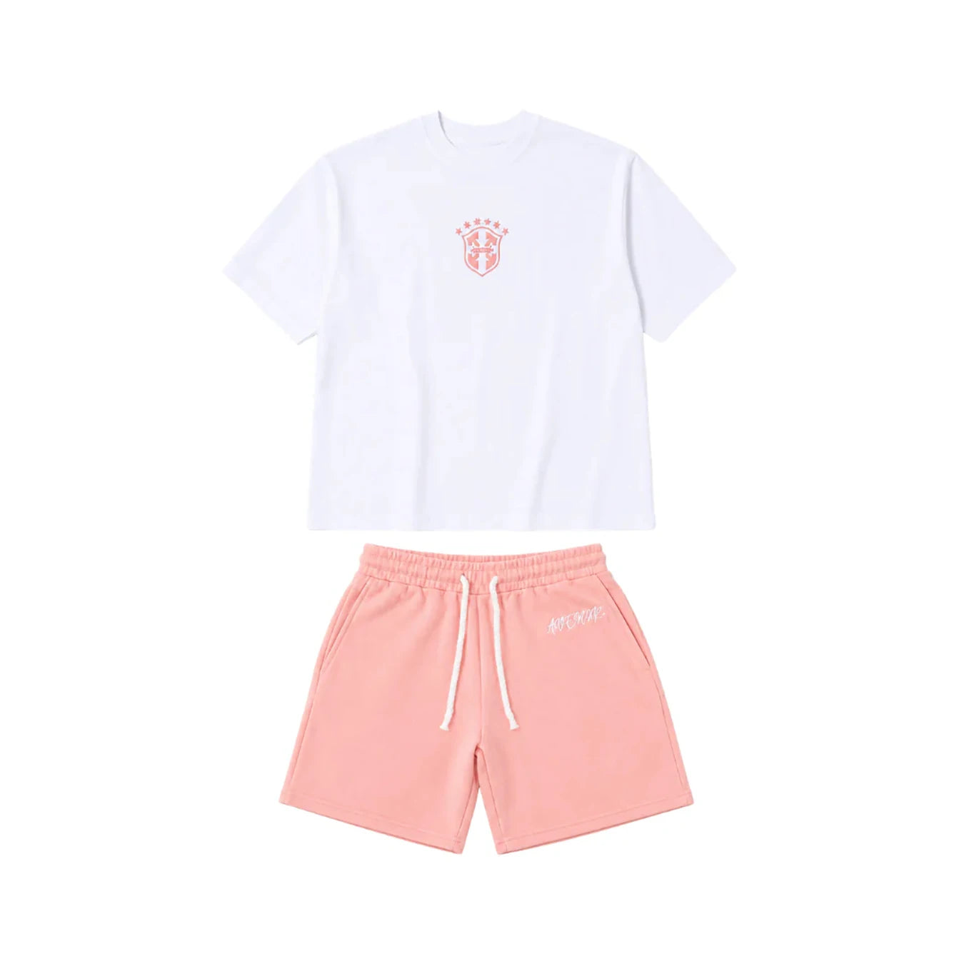 Summer new pink casual shorts straight through loose shorts printed round neck T-shirt set