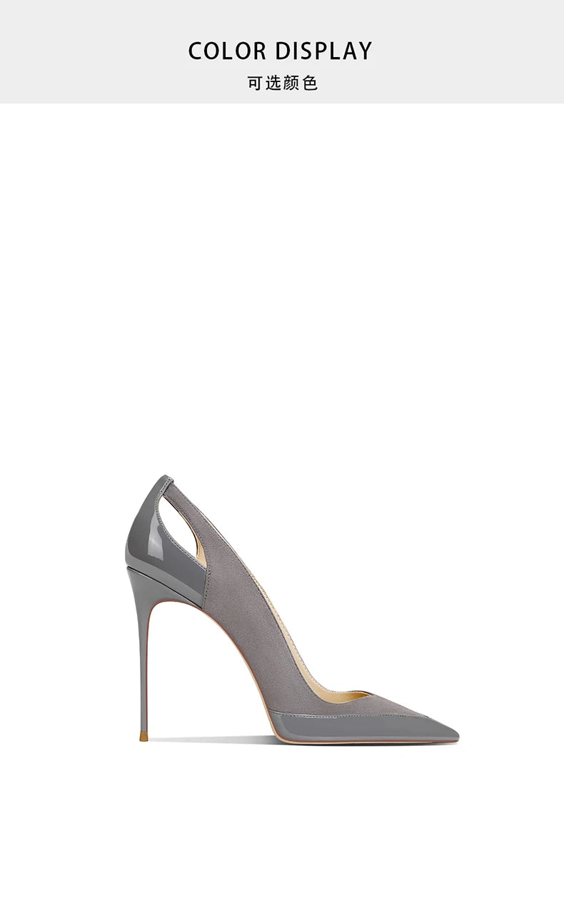 French style gray patent leather patchwork design with a sense of autumn new style pointed toe slim heel high heels for women