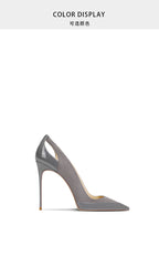 French style gray patent leather patchwork design with a sense of autumn new style pointed toe slim heel high heels for women