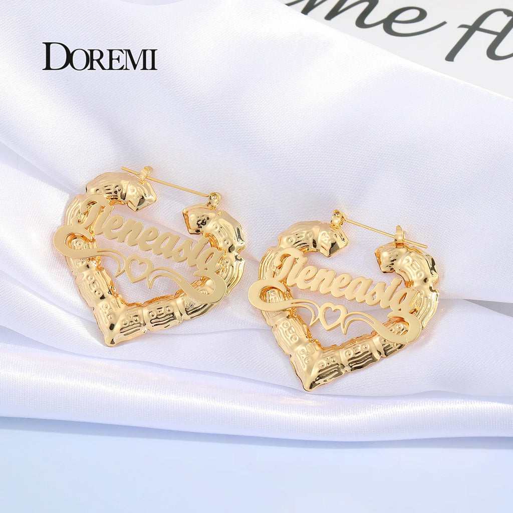 DOREMI 30-90mm Stainless Steel Bamboo Custom Heart Shape Earrings Customize Name Earrings Bamboo Style Custom Hoop Earrings Gift