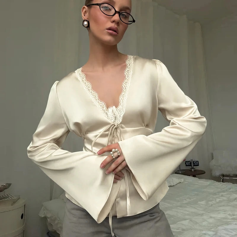 Tornova Elegant Satin Lace T Shirt Women's Long Sleeve Casual V Neck Lace Up Top Fashion Single Breasted Female Commute T Shirt