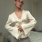 Tornova Elegant Satin Lace T Shirt Women's Long Sleeve Casual V Neck Lace Up Top Fashion Single Breasted Female Commute T Shirt