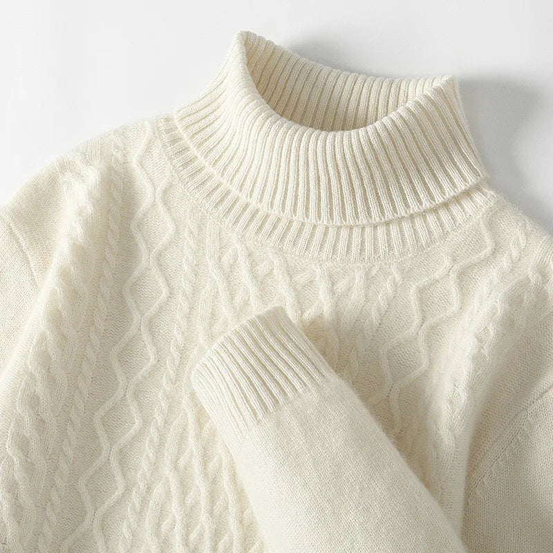 Fall/Winter 100% Wool Men's Turtleneck Thicken Sweater Jacquard Solid Cashmere Knitted Bottom Shirt