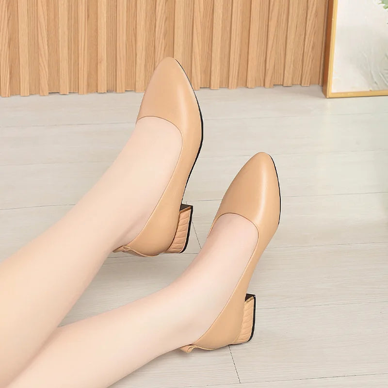 2026 Summer Women's Soft Leather Chunky Heel Pumps  Pointed Toe Low Heel Office Shoes White Work Dress Shoes Size 35-41