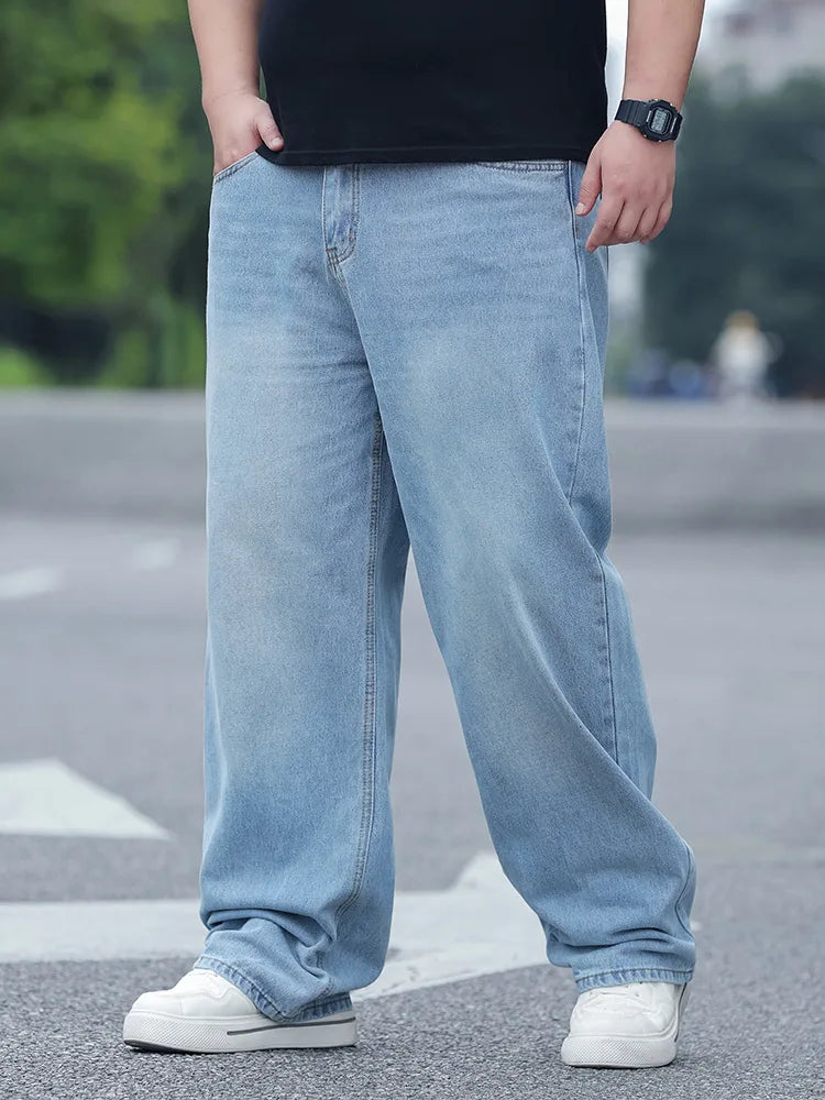 FENROOST Plus Size Men's High Waist Straight Leg Jeans Four Seasons Loose Baggy Denim Trousers Casual Versatile Long Pants New