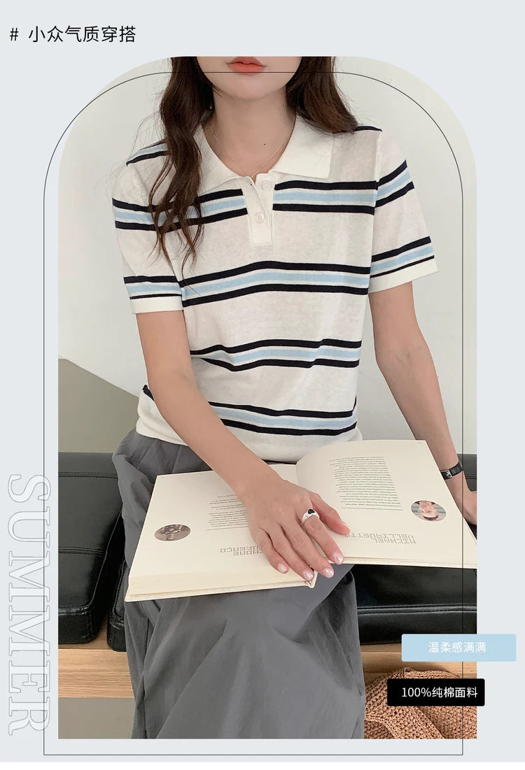 WinvyNee Summer Top Women's 100% Cotton Striped Polo T Shirt Women's Clothing Short Sleeve Casual Oversized Pullover A1522077