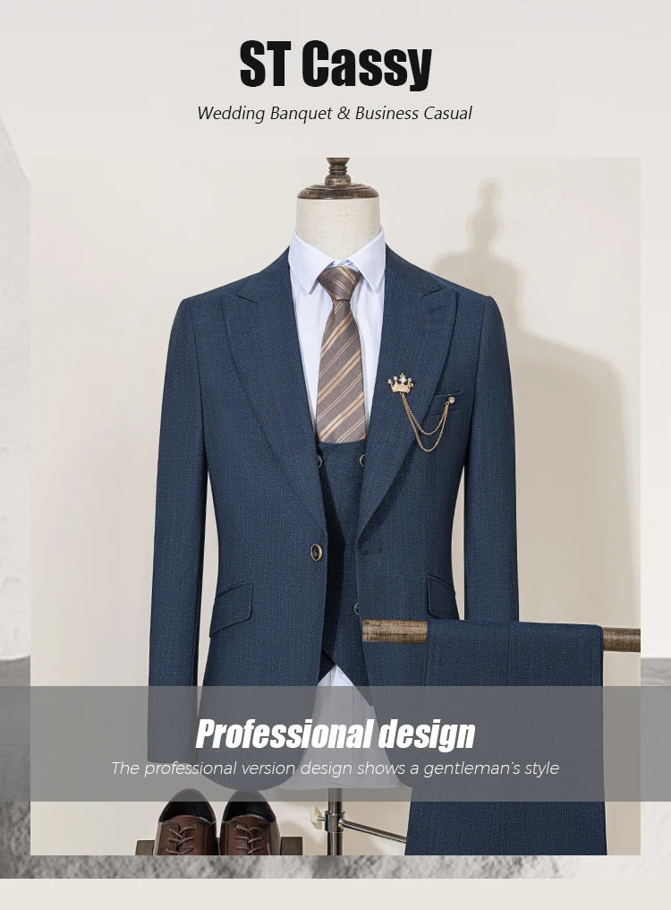 ST Cassy High-End Brand Formal Business Men's Suits Single Breasted Solid Color Slim Fit Suit Wedding Three-Piece