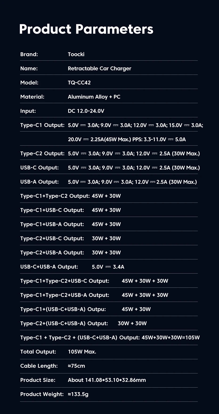 Toocki 105W Car Charger USB C Retractable Cable 0.75m PD 45W QC 3.0 SCP SFC2.0 PPS Fast Charging for iPhone 17 16 Samsung Tablet