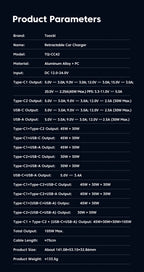 Toocki 105W Car Charger USB C Retractable Cable 0.75m PD 45W QC 3.0 SCP SFC2.0 PPS Fast Charging for iPhone 17 16 Samsung Tablet