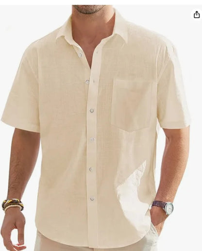 Men's Cotton Linen Short Sleeve Shirt Casual Button Down Shirt with Pocket Summer Beach Breathable Loose Tops Large size S-6XL