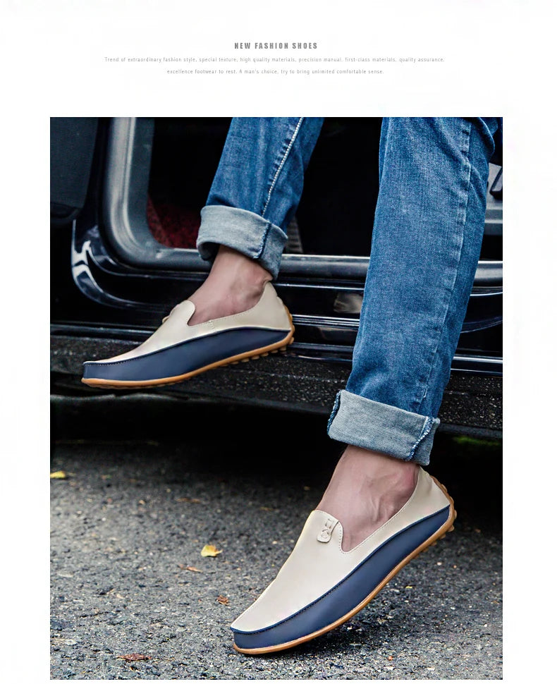 Summer Men Casual Flats Fashion Genuine Leather Soft Moccasins Brand Loafers High Quality Breathable Men Dress Shoes Size 36-47