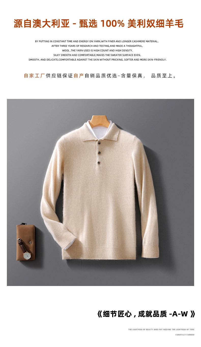 Autumn And Winter New 100 Pure Wool Sweater Men's POLO Collar Button Loose Pullover Sweater Cashmere Knitted Bottoming Shirt