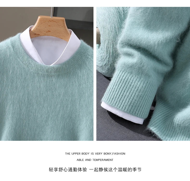 Autumn Winter 100% Mink Cashmere Sweater Men's Round Neck Pullover Loose Solid Color Plus Size Base Knit Business Casual Sweater