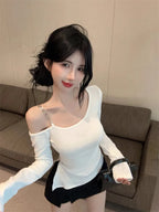 Pure And Elegant Irregular-necked Off-the-shoulder Tight T-shirt For Women