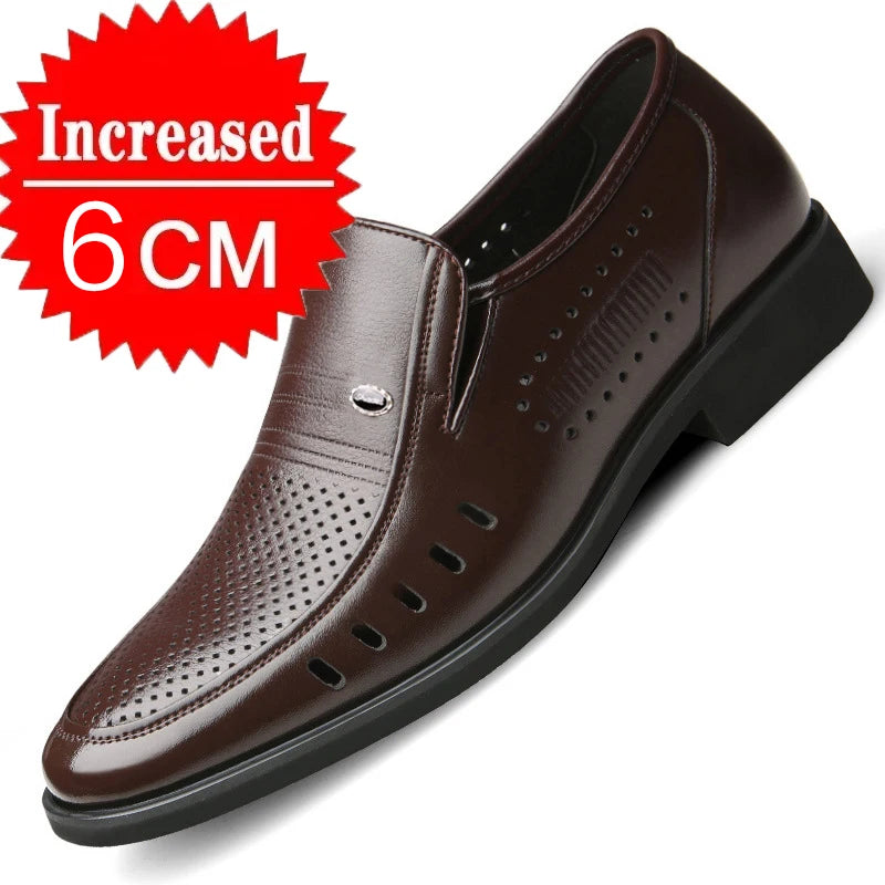 Men's Breathable Hollow Out Elevator Dress Leather Shoes Spring Summer 6cm Height Increase Business Slip-On Formal Office Shoes