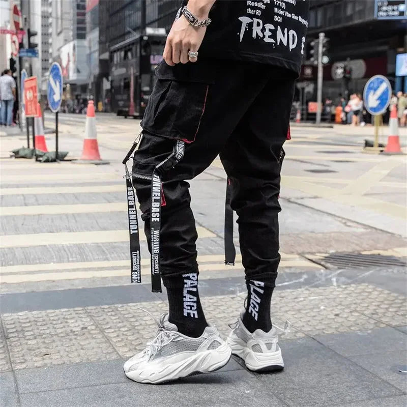 Y2K Joggers Cargo Pants For Men Casual Hip Hop Pocket Male Trousers Sweatpants Street Ribbons Techwear White Pant Pantalon Homme