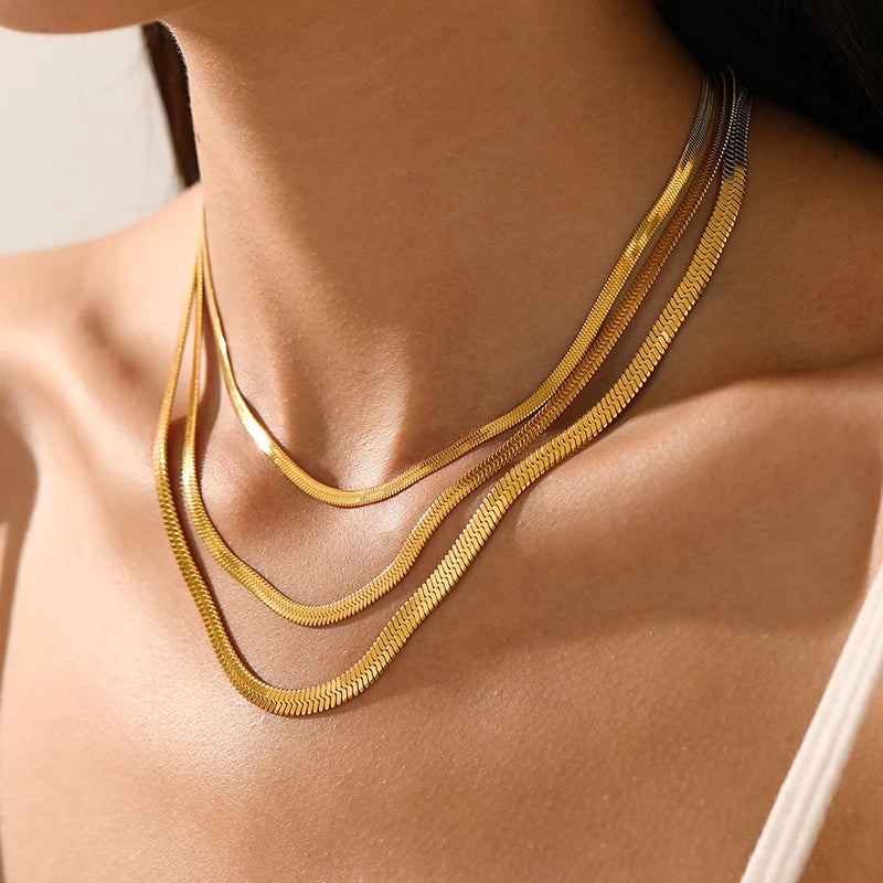 Hot Classic Unisex Flat Snake Chain Choker Necklace For Women Stainless Steel Herringbone Gold Silver Color Fashion Jewelry Gift