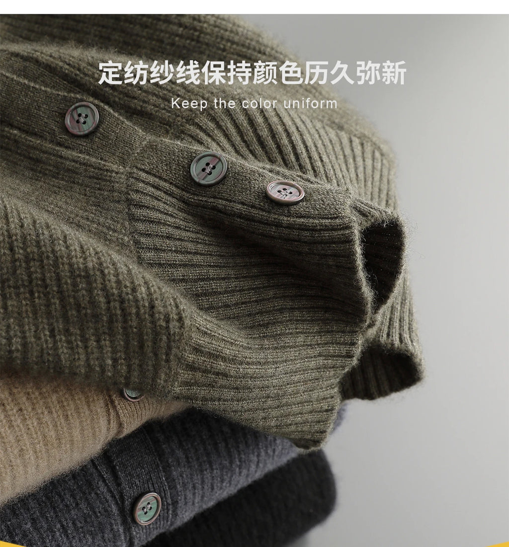 Luxury 100% Cashmere Cardigan for Men Mock Collar Thickening Sweater Autumn Winter Knitted Coat Soft Clothing Smart Casual Top