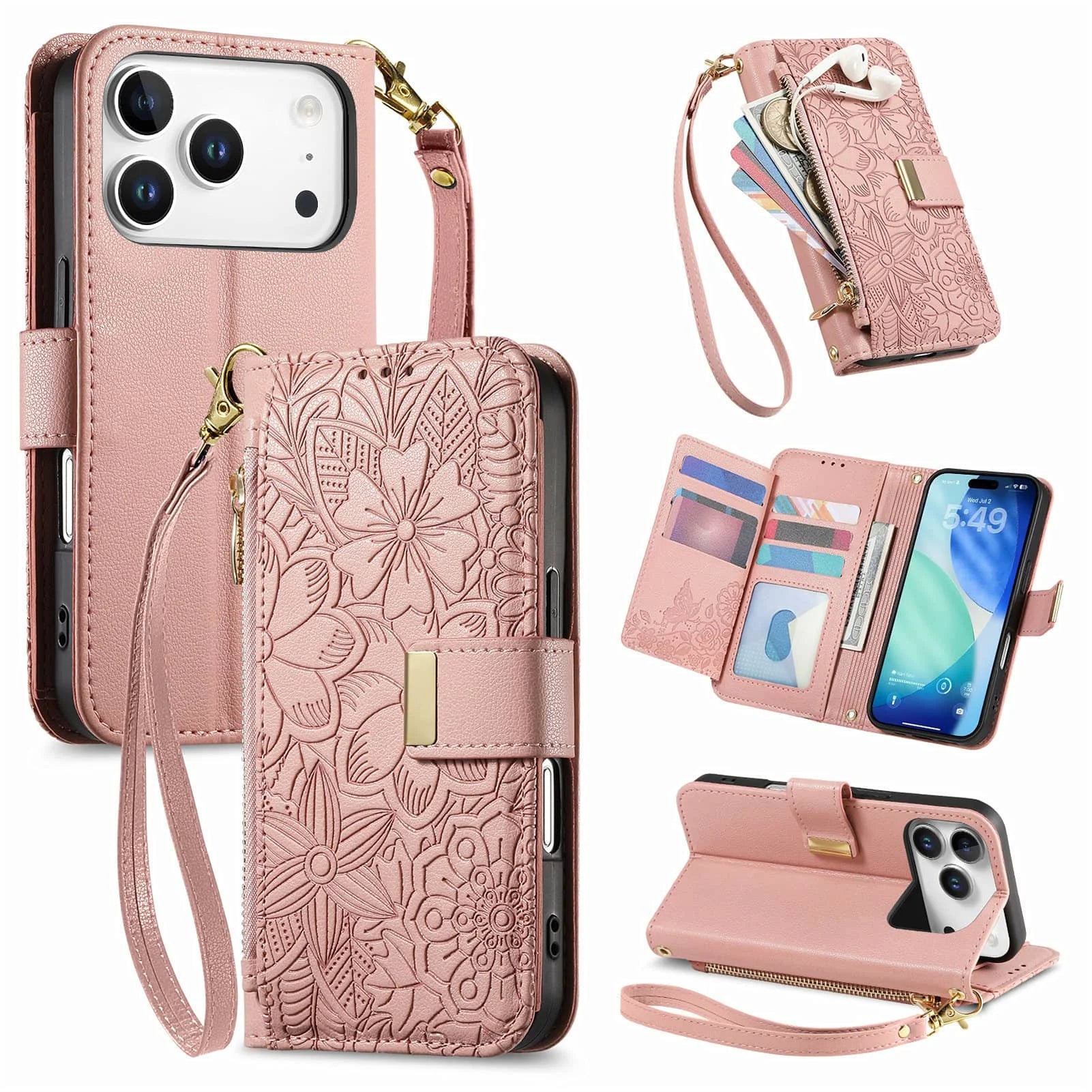 Compatible with iPhone 17/16e/15/14/13/12 Pro Max 16 Plus Lanyard Zipper Wallet Case Dual Card Holder Flip Stand Magnetic Buckle