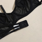Ellolace Daring Women's Lingerie Sets Fancy Sexy Bra Belt Thong 3PC with Leg Circles Romantic Heart Rhinestone Women Underwear