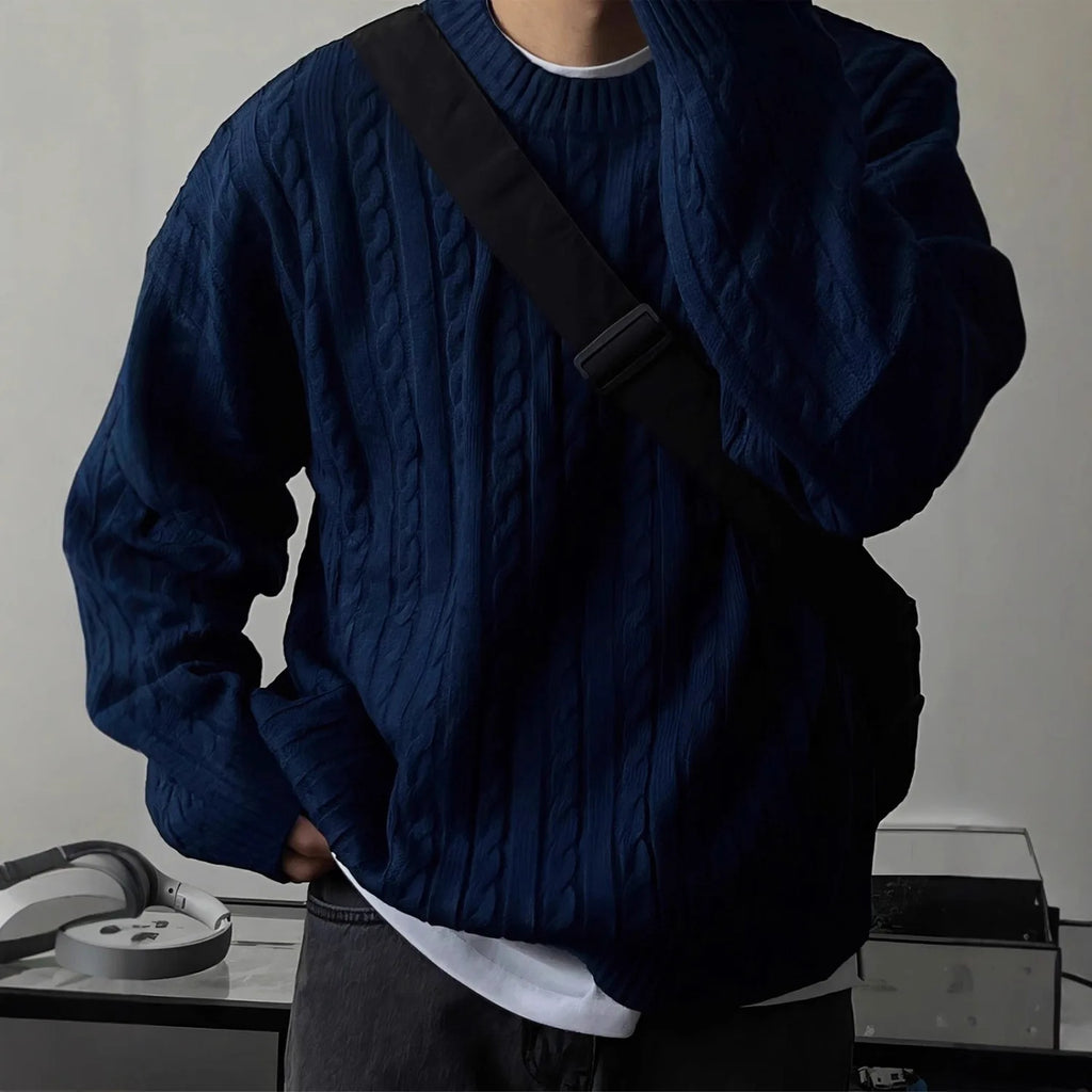 Men's Knitting Sweater 2026 Spring Autumn 0-neck Long Sleeve Knit Sweater Dark Blue Hemp Pattern Drop Shoulder Thicken Pullover