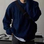 Men's Knitting Sweater 2026 Spring Autumn 0-neck Long Sleeve Knit Sweater Dark Blue Hemp Pattern Drop Shoulder Thicken Pullover
