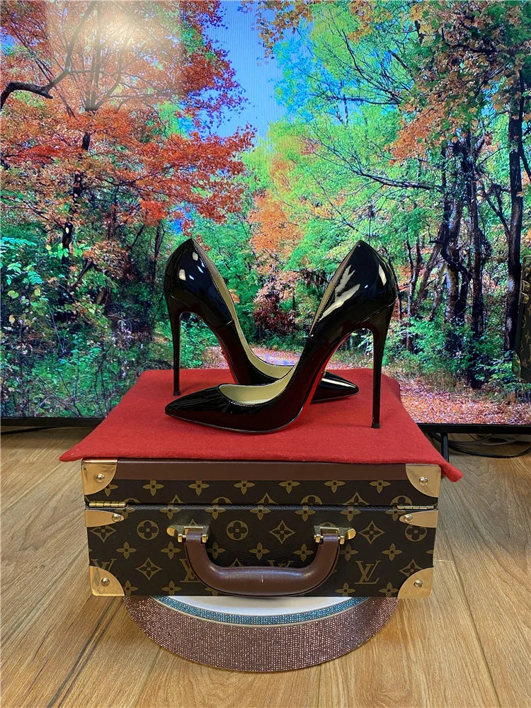 New Shallow Classic Patent Leather 12cm Fashionable and Versatile Work High Heels Nude 10cm Thin Heel Plus Size 33-46