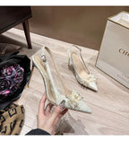 French Bride Gold Wedding Shoes spring women Thin Heel Pointed Shallow Mouth Flower Rhinodrill High Heels  Fashion Sandals
