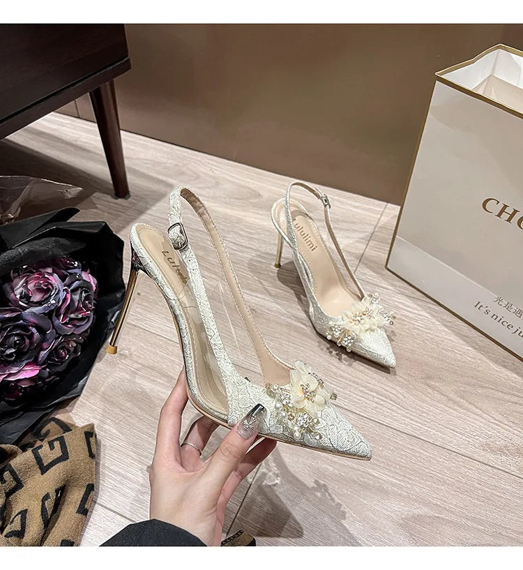 French Bride Gold Wedding Shoes spring women Thin Heel Pointed Shallow Mouth Flower Rhinodrill High Heels  Fashion Sandals