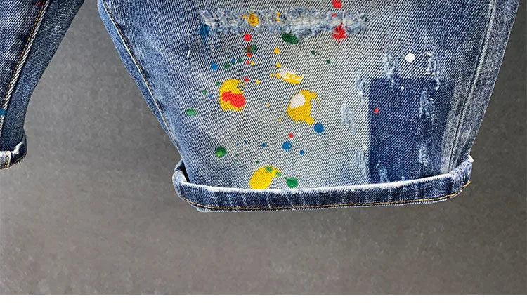 2025 Summer New Fashion Trend Printed Ripped Straight Stretch Jeans Men's Casual Loose Sports High Quality Denim Shorts 28-36