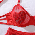Ellolace Tempted Women's Lingerie Sets Daring Heart Rhinestone Bra Belt Thong 3PC with Choker Leg Circles Intimate Miss Outfits
