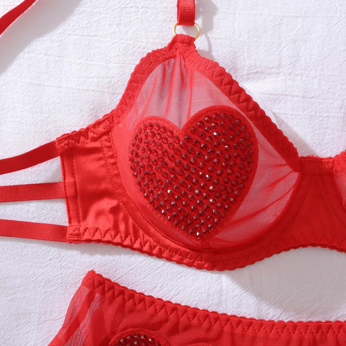 Ellolace Tempted Women's Lingerie Sets Daring Heart Rhinestone Bra Belt Thong 3PC with Choker Leg Circles Intimate Miss Outfits