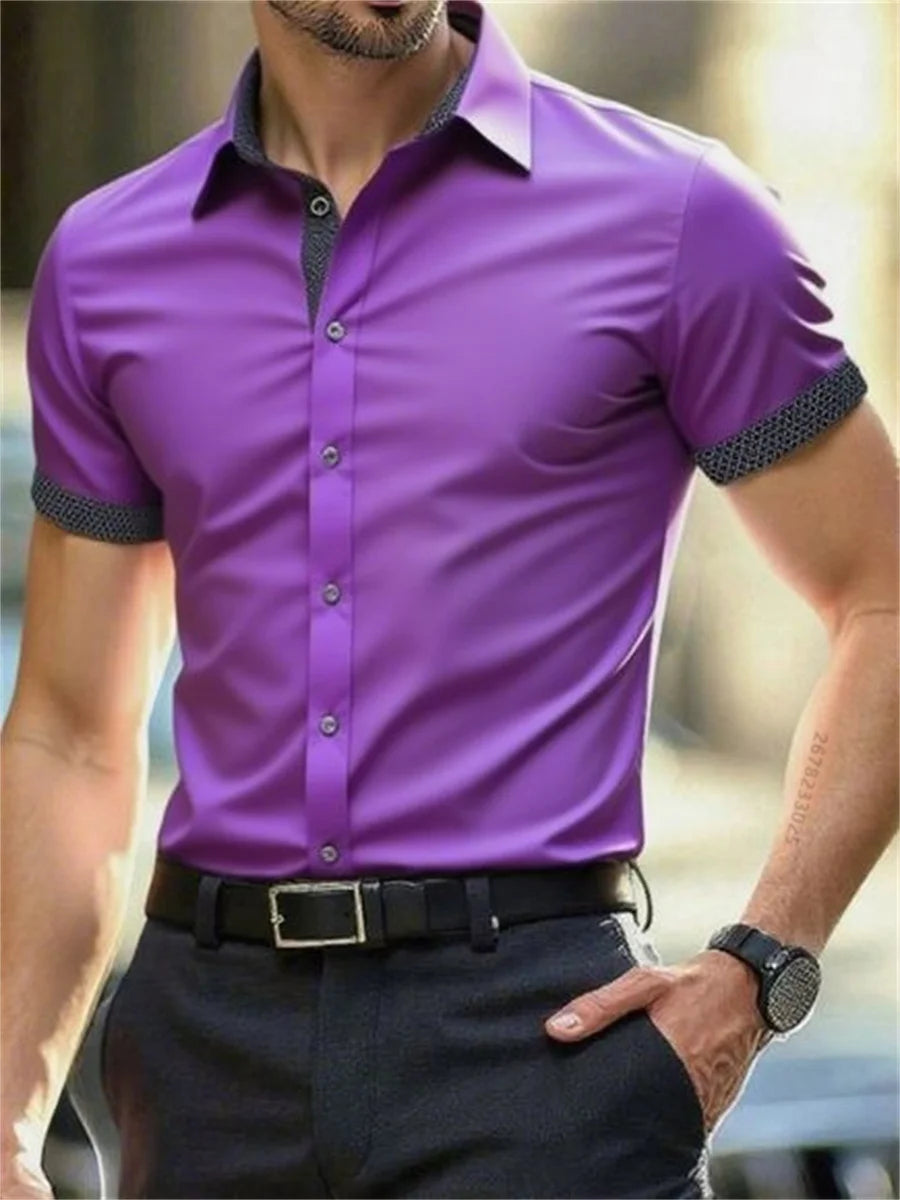 Men's short-sleeved shirt summer slim casual dress light and thin elastic no iron business shirt fashion luxury all seasons