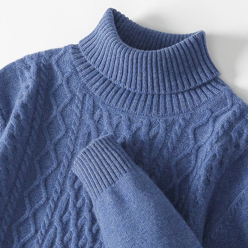Fall/Winter 100% Wool Men's Turtleneck Thicken Sweater Jacquard Solid Cashmere Knitted Bottom Shirt