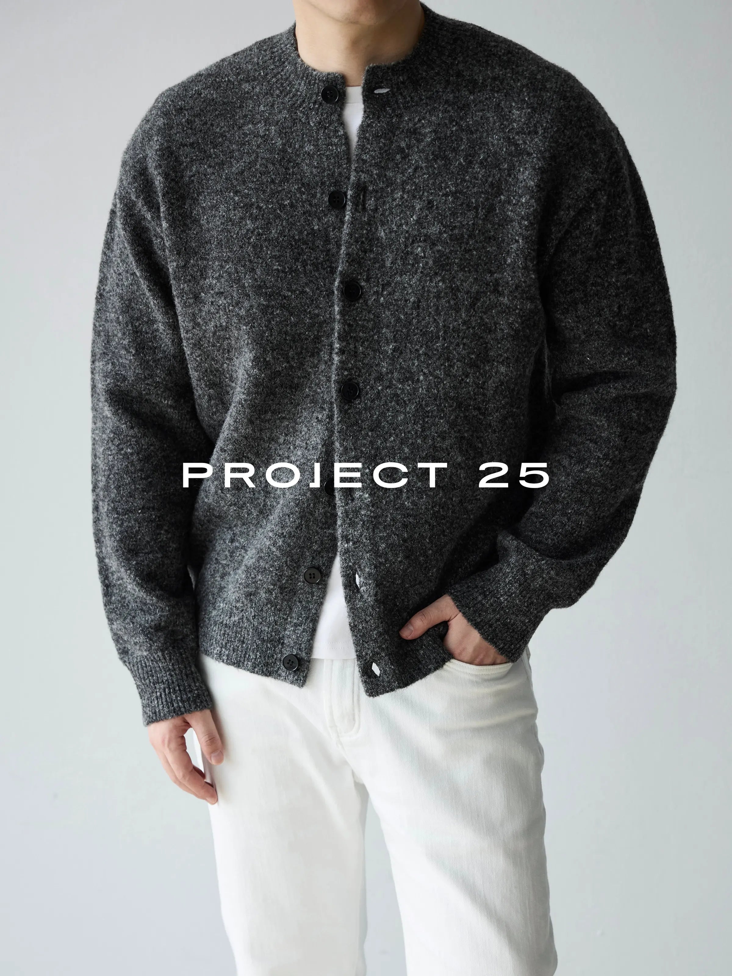 PROJECT 25 Men's Vintage Melange Wool Cropped Button-Down Cardigan – Relaxed Fit Heathered Knit Sweater