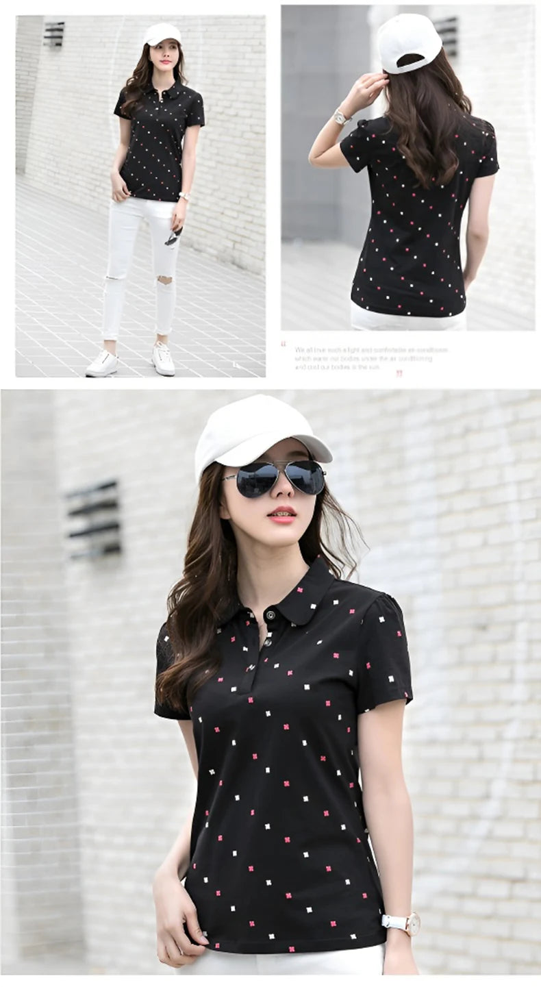 Women's Summer Cotton Shirt - Slim Fit Foldable Flip Collar Short Sleeve Printed Casual Top Trendy Button Design Fashion