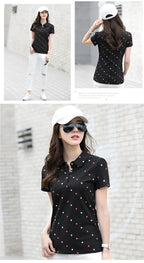 Women's Summer Cotton Shirt - Slim Fit Foldable Flip Collar Short Sleeve Printed Casual Top Trendy Button Design Fashion