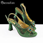 2025 Elegant Green Peep-Toe Women Heel Pumps for Italian Matching Party Shoes and Bags Set for Parties with Diamond Accents