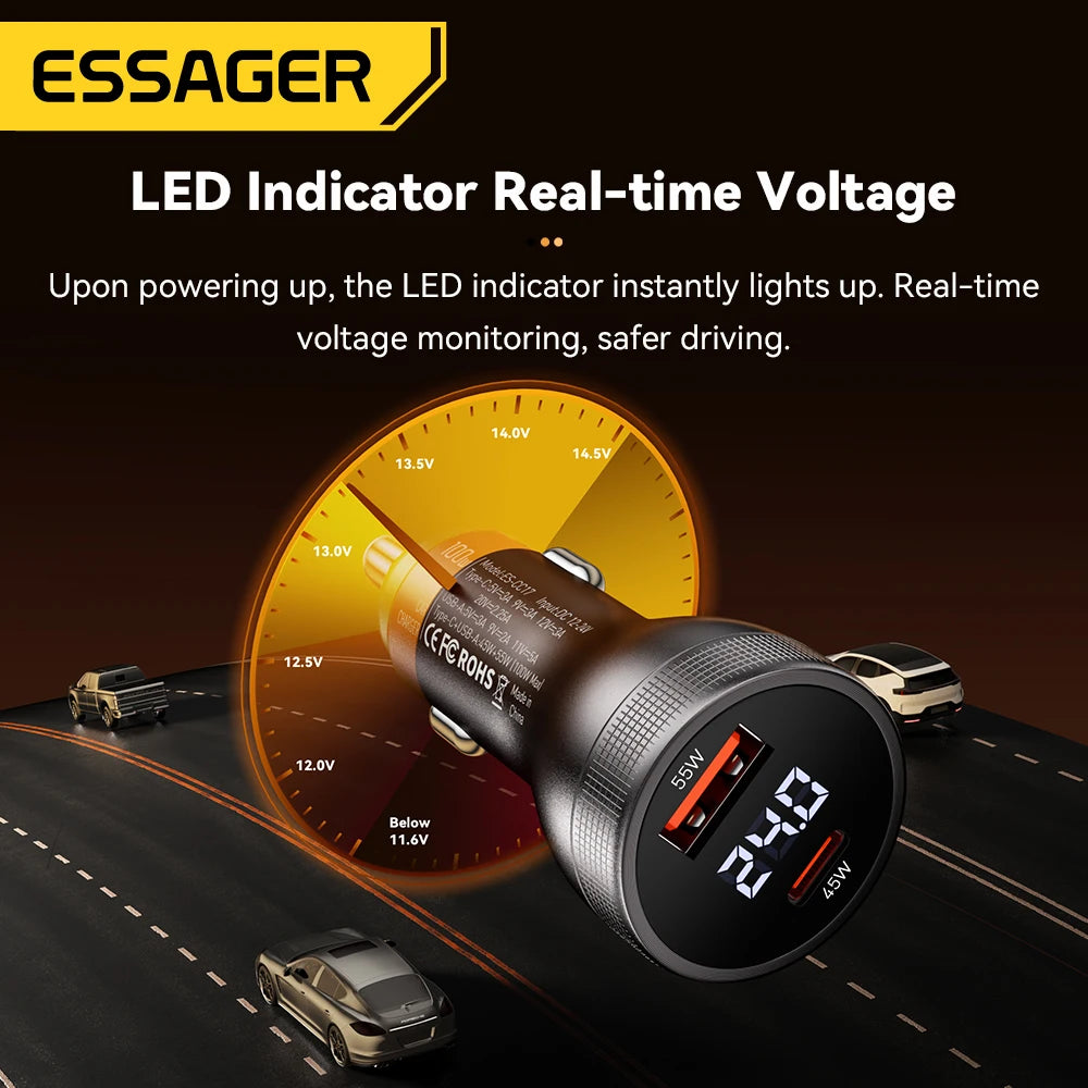 Essager 100W Car Charger USB C Quick Charge PD 45W for iPhone 15 pro 14  Xiaomi Poco Samsung Galaxy S24 Fast Charger Charging