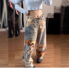 2026 New Spring Women's Colorful Digital Print Bear Jeans High Waist Loose Slim Fit Straight Wide Leg Casual Denim Pants