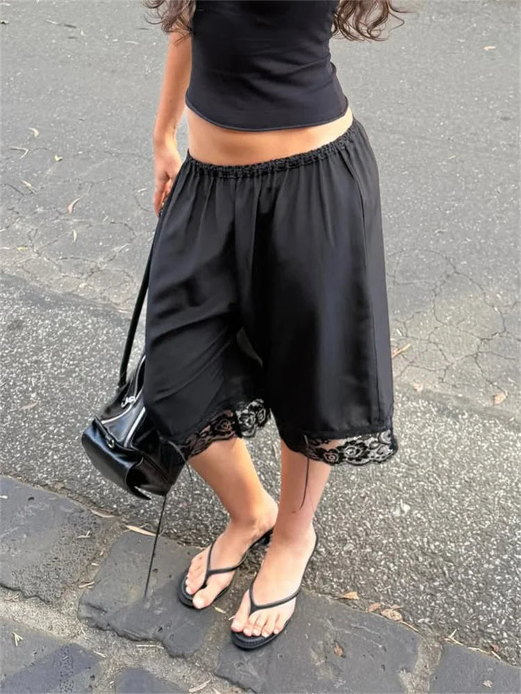 Tossy Y2K Satin Lace Capris Women Low Waist Bloomer Shorts Summer Vintage Coquette Aesthetic Bermuda Shorts Knee Length Pants
