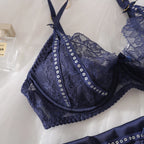 Ellolace Willowy Women's Lingerie Sets Luxury Sequin Bra Belt Thong 3PC with Leg Circles Luxury Tulle Women Intimate Underwear