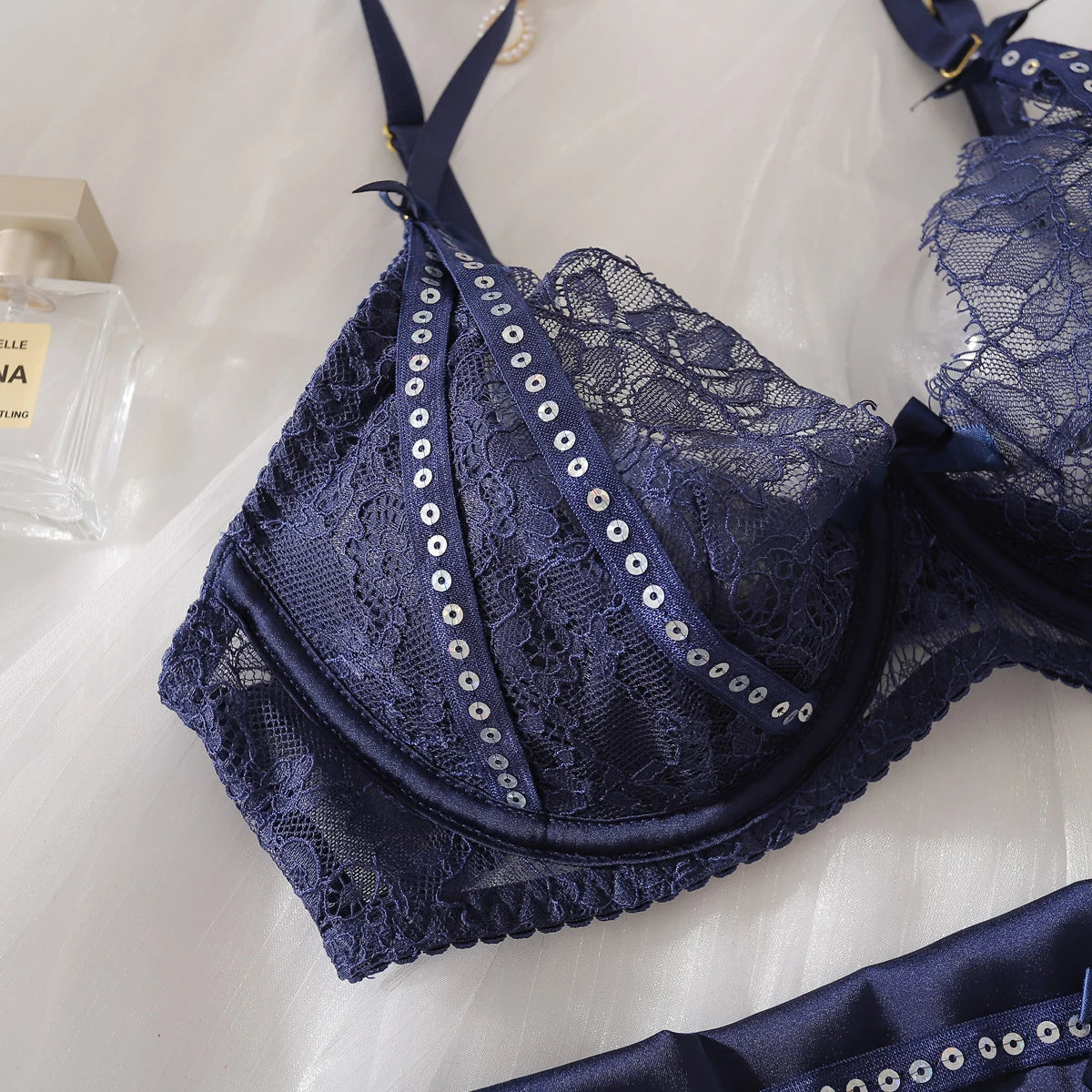Ellolace Willowy Women's Lingerie Sets Luxury Sequin Bra Belt Thong 3PC with Leg Circles Luxury Tulle Women Intimate Underwear