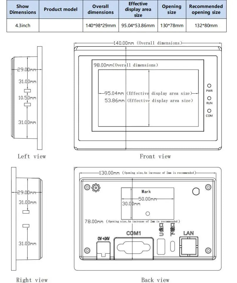 Huaqingjun 4.3 Inch LCD Touch Screen Ethernet RS485 232 Communication DC19-30V LAN RJ45 HMI for PLC