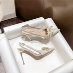 French Bride Gold Wedding Shoes spring women Thin Heel Pointed Shallow Mouth Flower Rhinodrill High Heels  Fashion Sandals