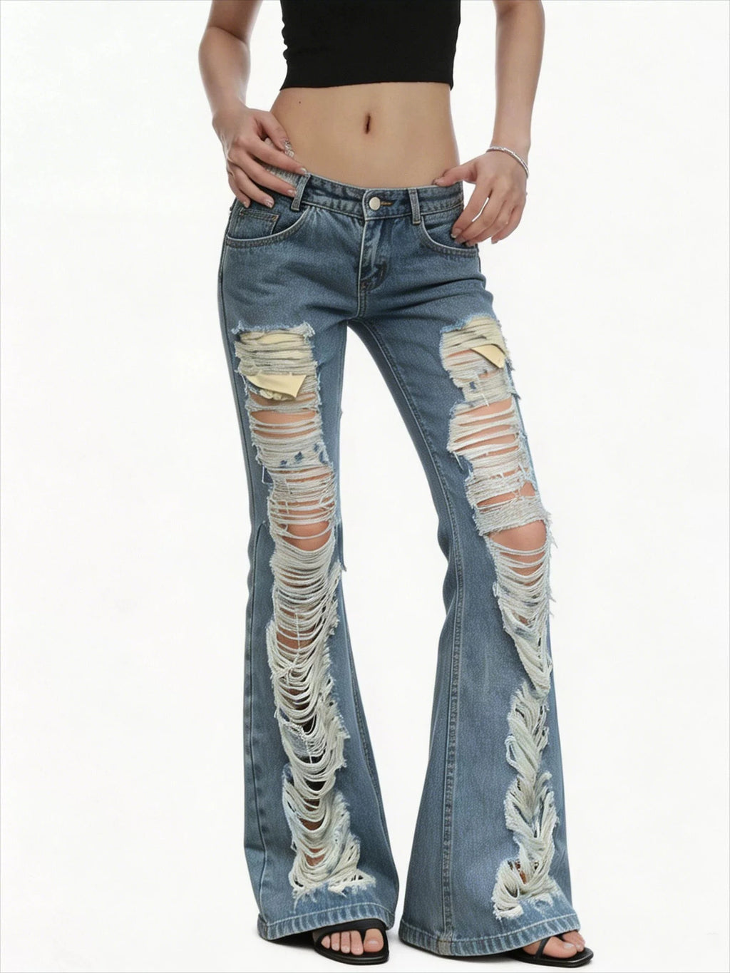 Women American Low Waist Flare Jeans Ripped Design Street Y2K Hot Girl Slim Denim Long Pants Grunge Streetwear Trousers