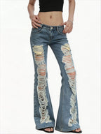 Women American Low Waist Flare Jeans Ripped Design Street Y2K Hot Girl Slim Denim Long Pants Grunge Streetwear Trousers